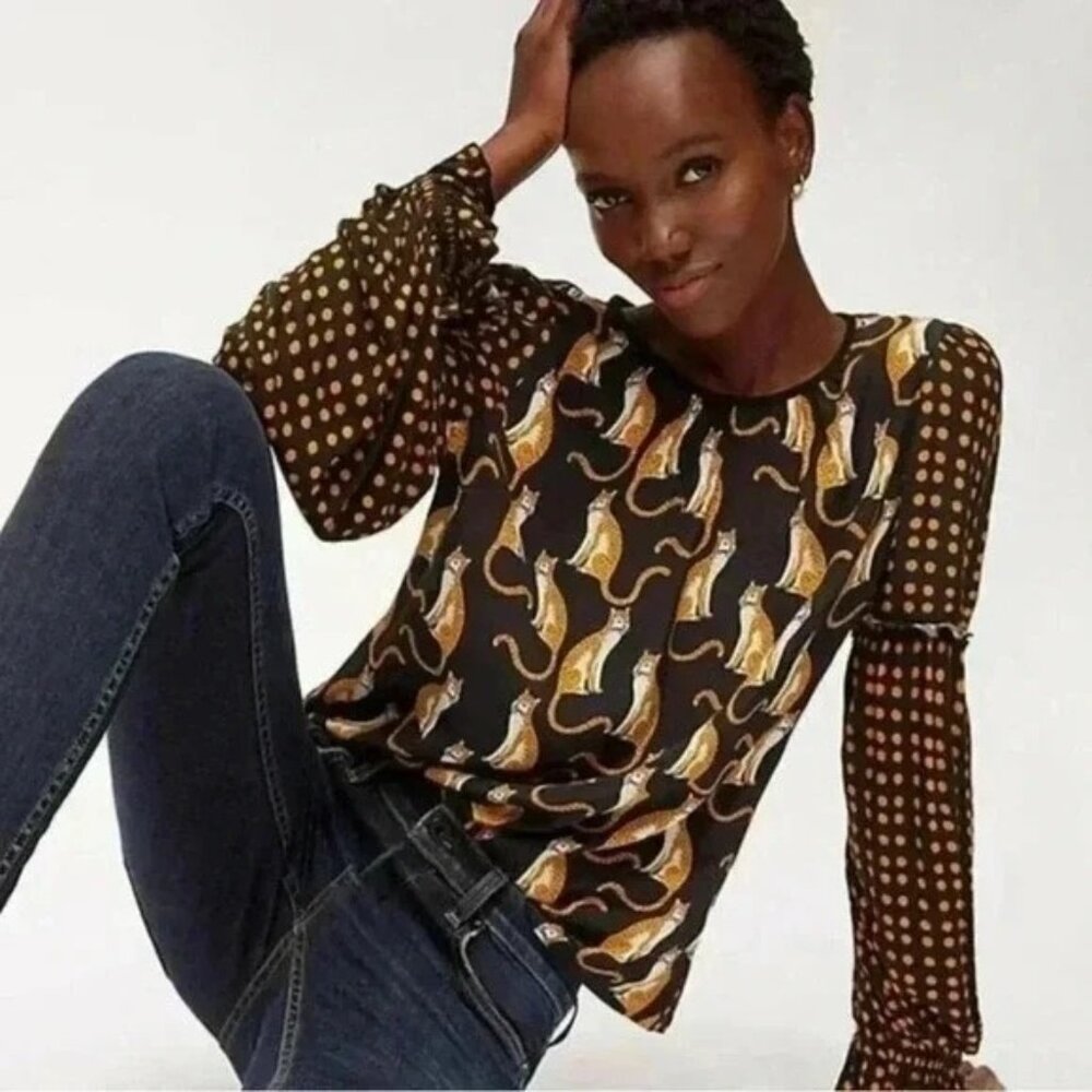 Blank London Anthropologie Black Orange Blouse Top Shirt Cat Print Women's XS